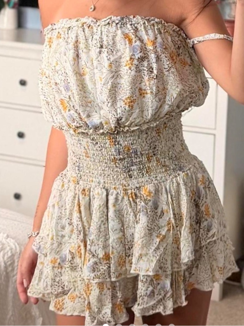 Forever 21 Cream Strapless Floral Ruffle Mini Dress with Yellow Accents